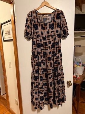 Natural Life Boho Patchwork Tiered Midi Dress - Navy and Cream